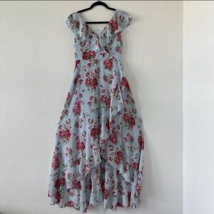 JJ's House Blue Floral Print V-Neck A-line Chiffon Asymmetrical Dress